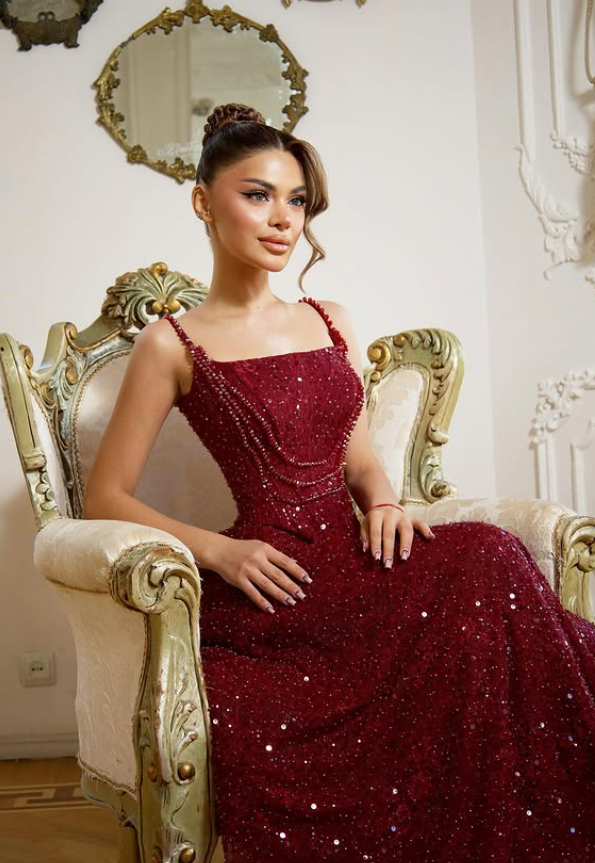 Shiny Burgundy A Line Spaghetti Strap Sequin Long Prom Dress Evening Dress DP6051