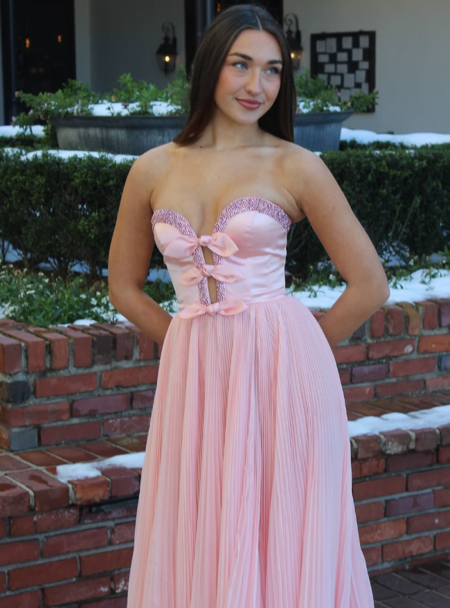 Princess A Line Sweetheart Neck Bead Pink Satin Chiffon Long Prom Dress Evening Dress DP1895