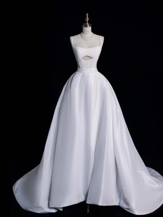Simple A Line Spaghetti Strap White Satin Long Sweep Prom Dress Graduation Prom Dress DP2211