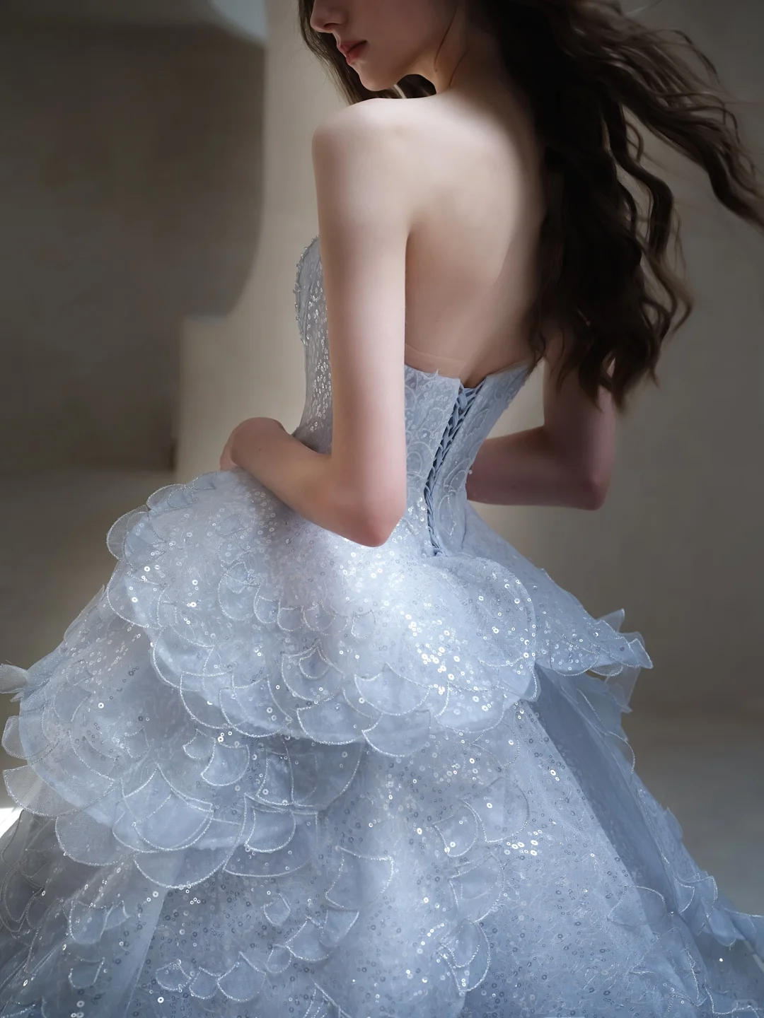 Light Blue Ball Gown Strapless Sequin Layered Long Prom Dress Evening Dress Formal Gown DP3434