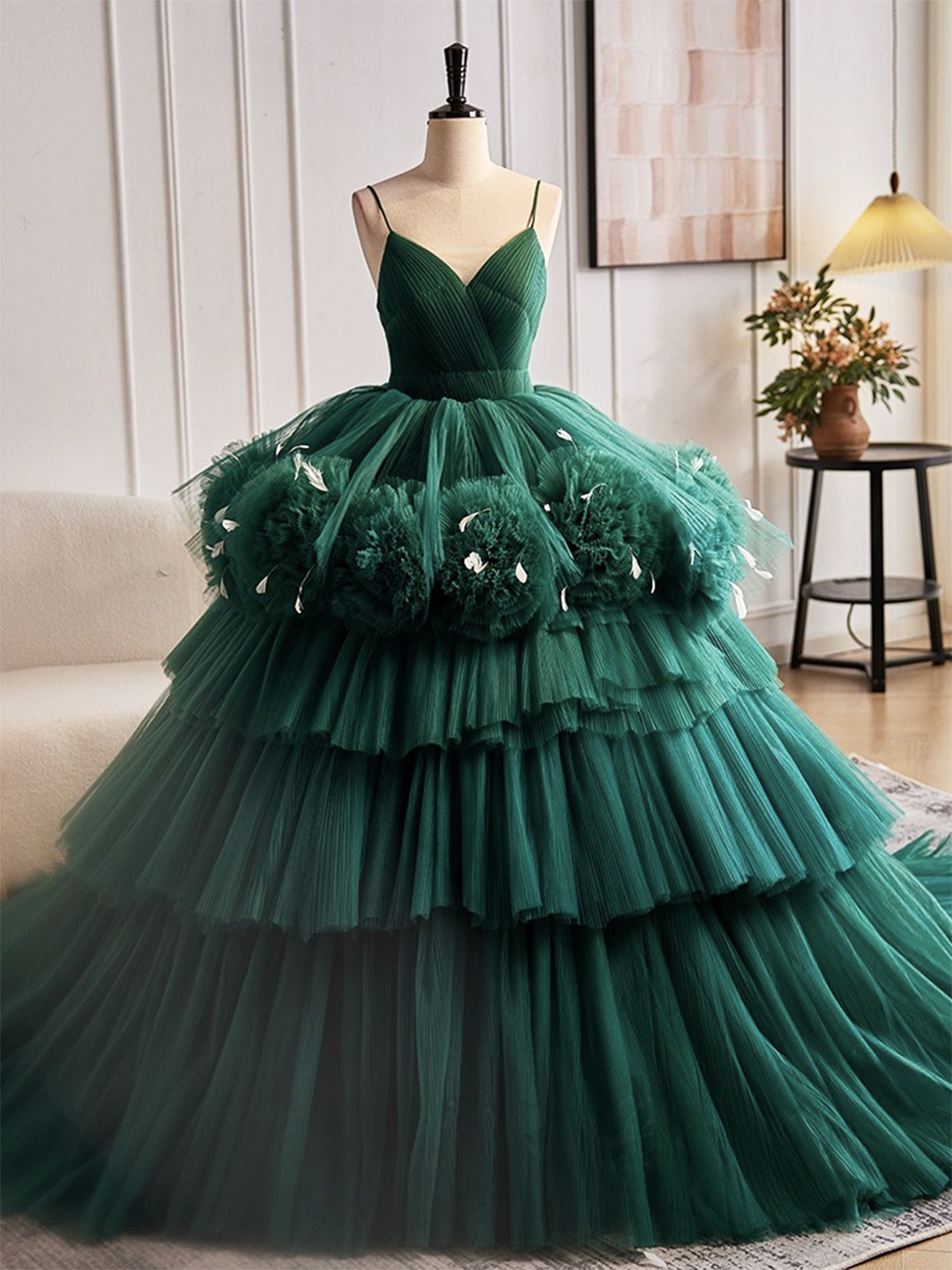 Green VNeck Layered Pleated Tulle Long Prom Dress Formal Ball Gown DP395