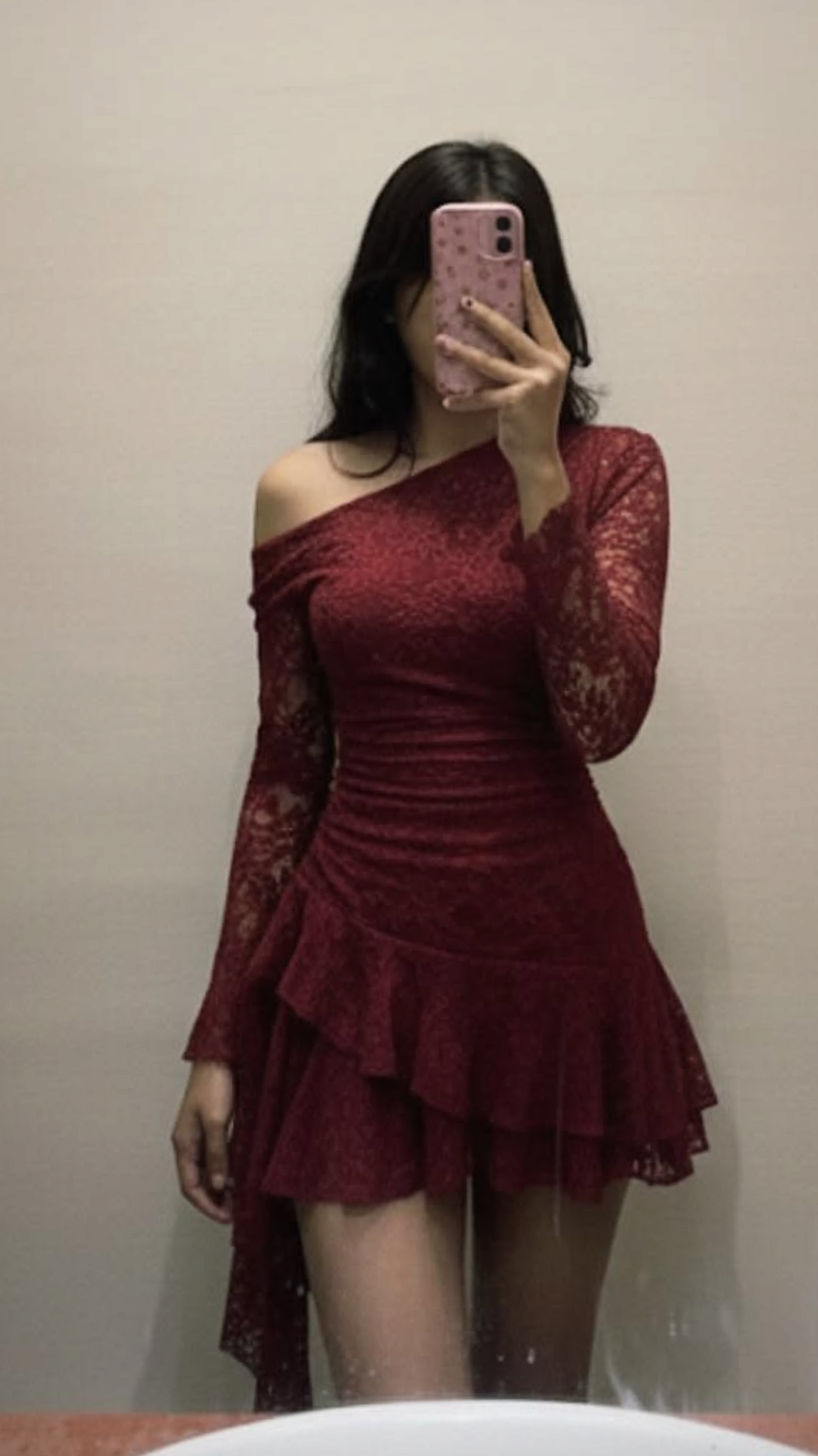 Charming Burgundy A Line Long Sleeve Lace Short Prom Dress Homecoming Dress DP6755