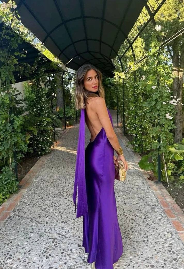 Sexy Purple Mermaid Halter Satin Open Back Prom Dress Evening Dress DP1208