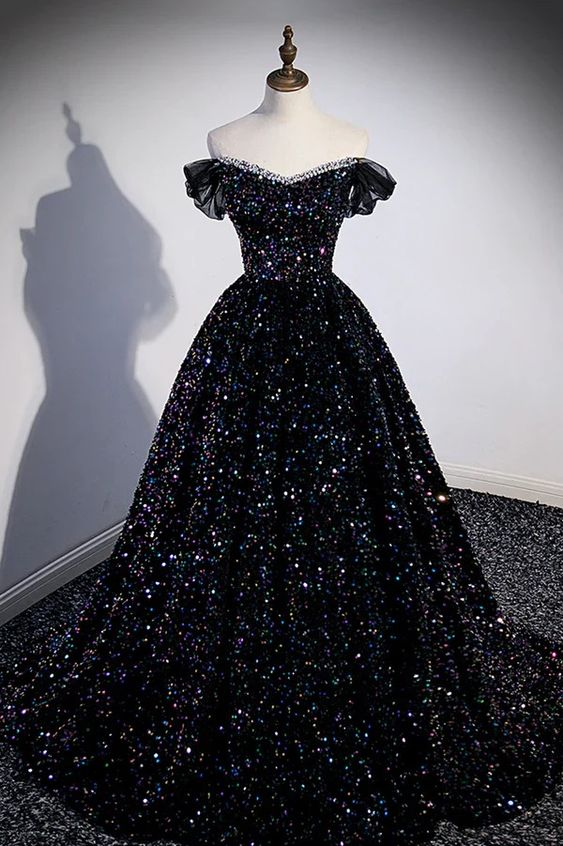Charming Black Sequins Beaded Ball Gown Off The Shoulder Evening Dress DP645