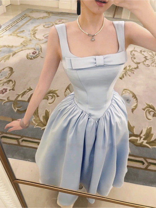 Baby Blue A Line Straps Bow Satin Homecoming Dress Birthday Dress DP2712