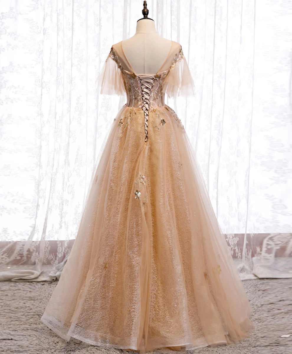 Champagne Round Neck Star Sequins Tulle Lace Long Prom Dress Formal Dress DP1162