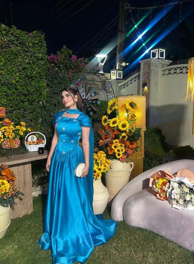 Elegant A Line Strap Rhinestone Blue Satin Long Prom Dress Party Dress DP4128