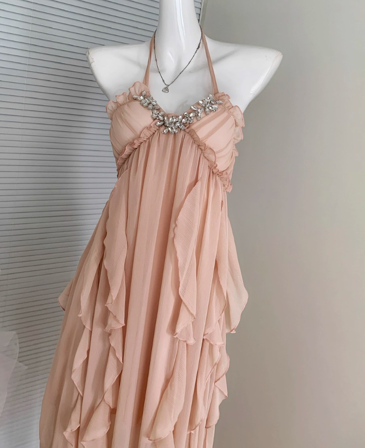 Elegant A Line Halter Rhinestone Ruffle Chiffon Vacation Dress Summer Dress Outfits DP3558