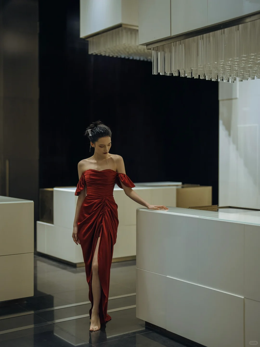 Burgundy Sheath Off the Shoulder Satin Party Dress Prom Dress with Slit DP2539