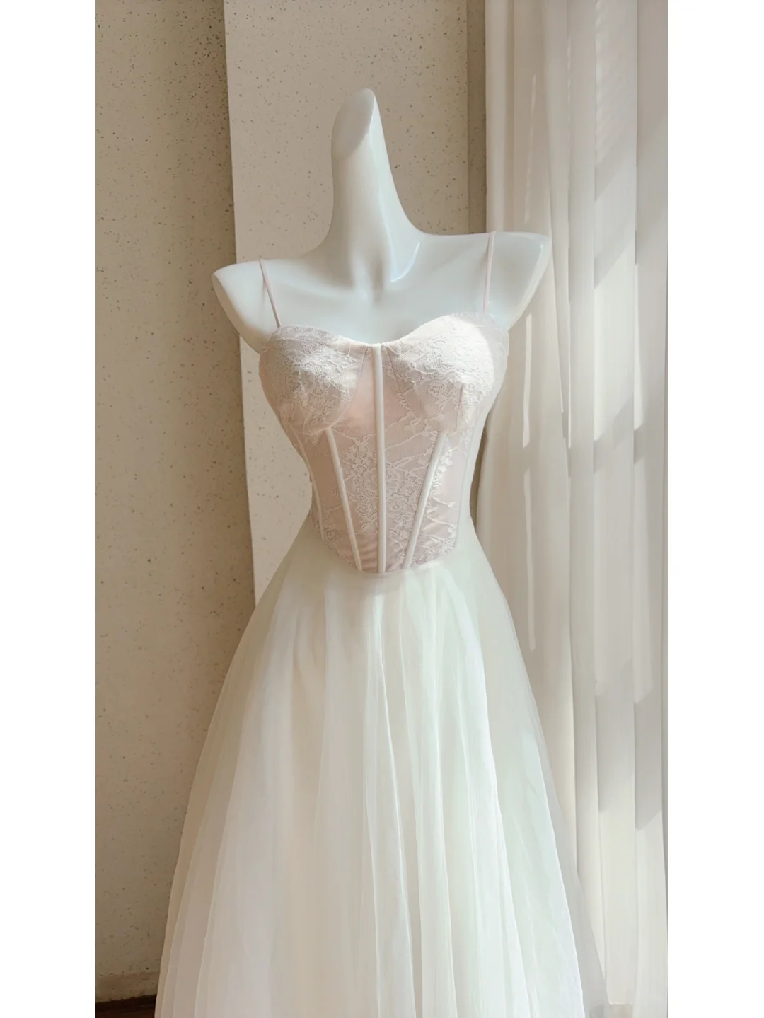 Gentle A Line Spaghetti Straps White Lace Tulle Party Dress Cocktail Dress DP2705