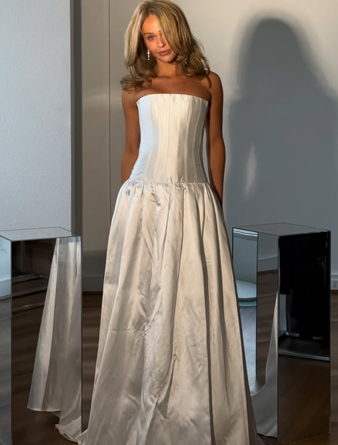 Simple Classic A Line Strapless Corset Satin Prom Dress Wedding Dress DP6038