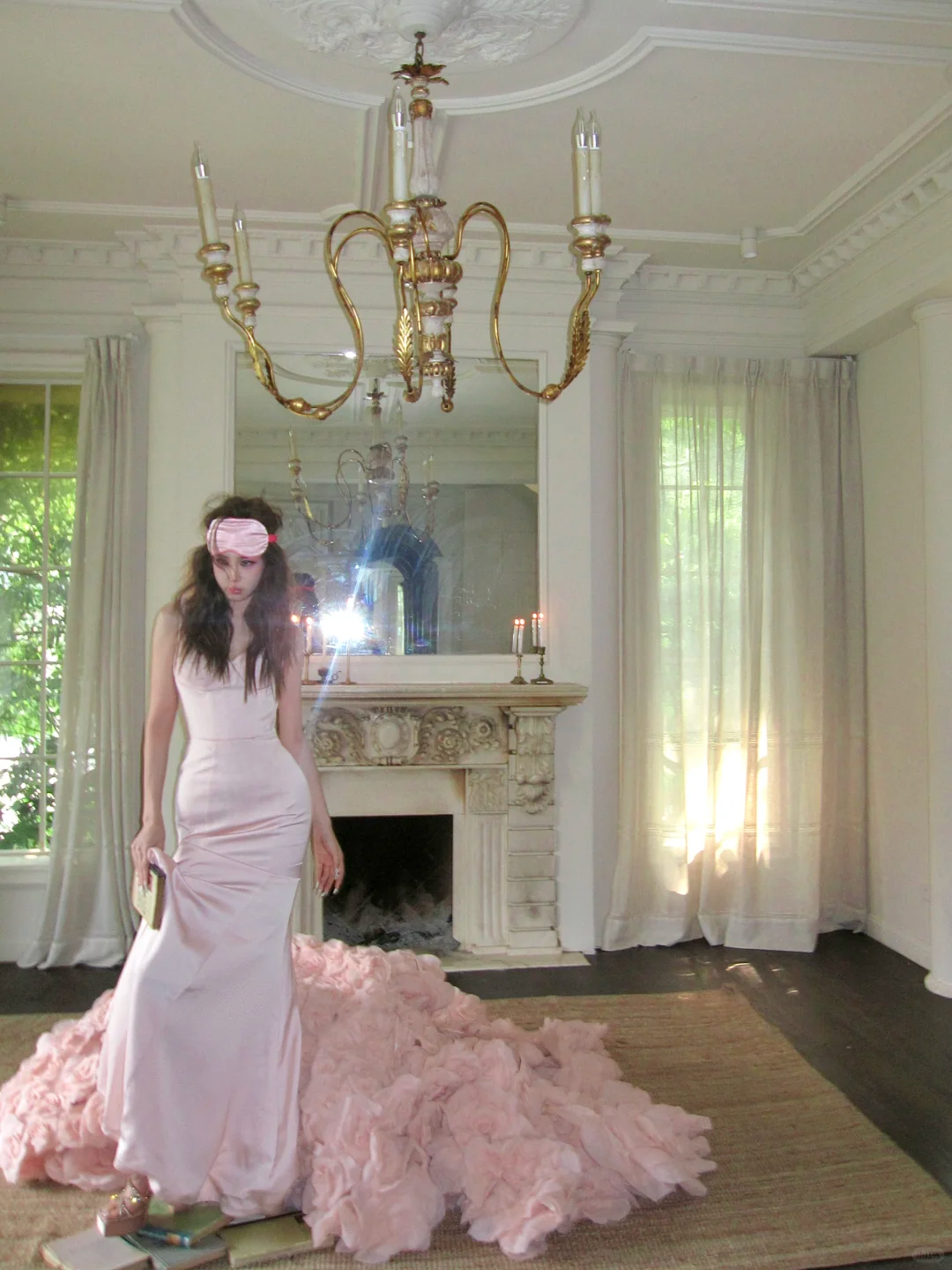 Unique Mermaid Straps Pink Satin Flower Tulle Party Dress Evening Dress DP2548