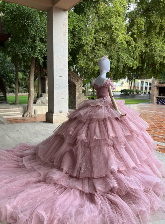 Gentle Exquisite Beaded Feather Off the Shoulder Layered Tulle Ball Gown Sweet 16 Dress Quinceanera Dress DP3023