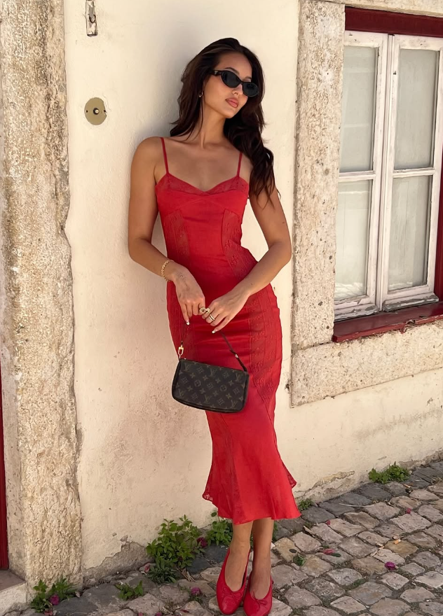 Red Mermaid Spaghetti Straps Lace Satin Prom Dress Evening Dress DP1525