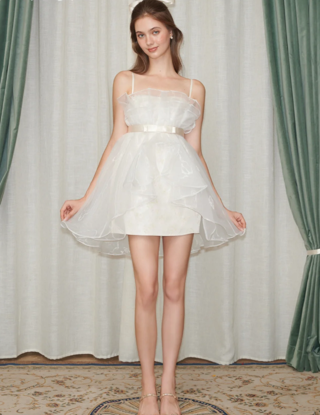 Fairy A Line Straps White Organza Satin Short Homecoming Dress Cocktail Dress DP2634