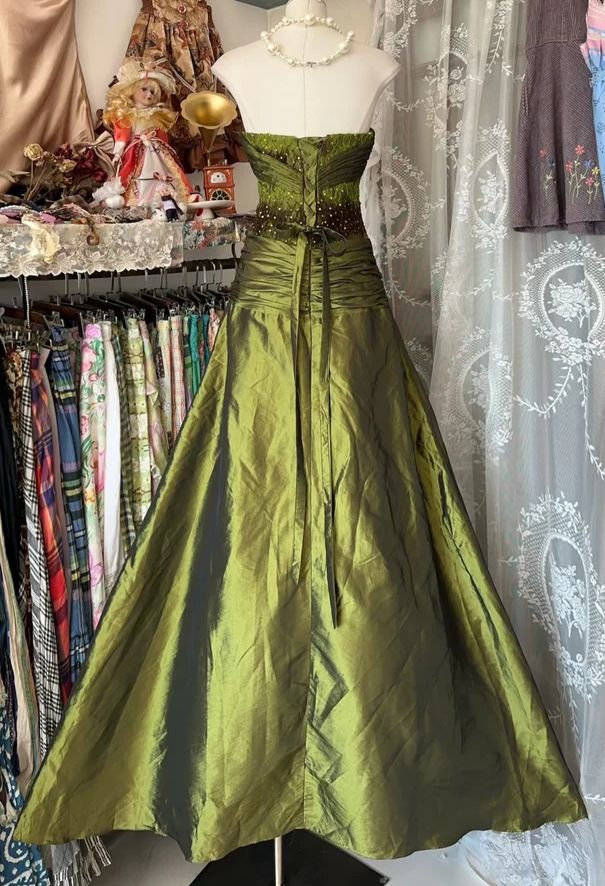 Green Classic A Line Strapless Sequin Lace Satin Prom Dress Graduation Prom Dress DP1991