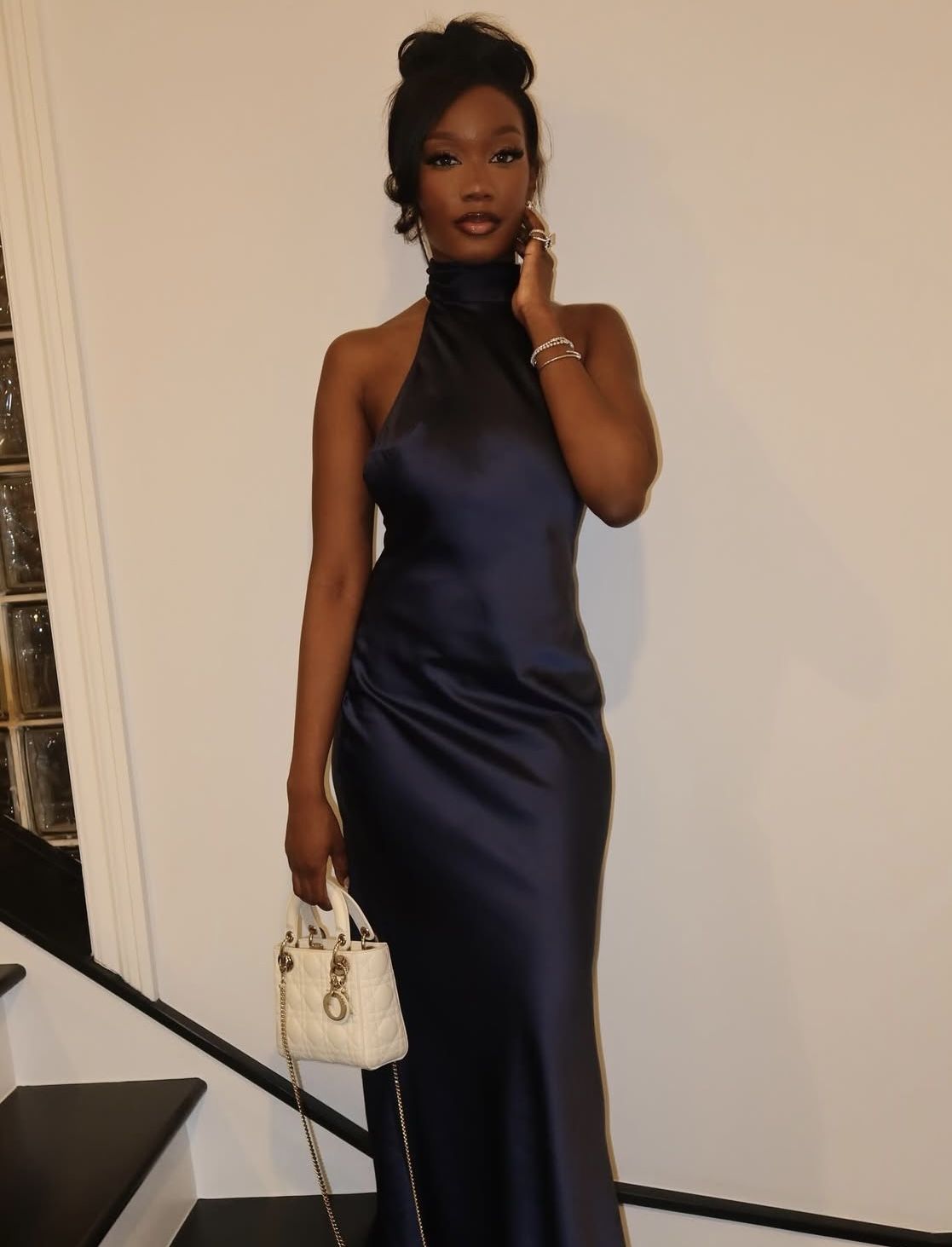 Simple Dark Navy Blue Sheath High Neck Satin Prom Dress Evening Dress DP7846