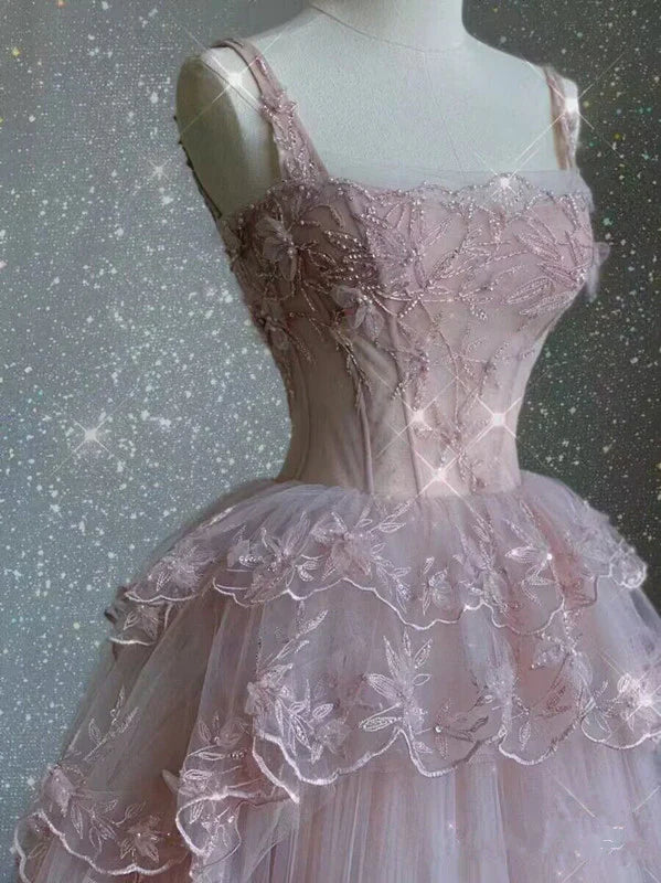 Pink Tulle Lace A Line Evening Dress Long Prom Dress DP672