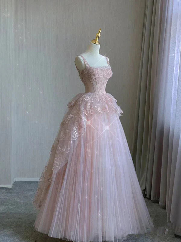 Pink Tulle Lace A Line Evening Dress Long Prom Dress DP672