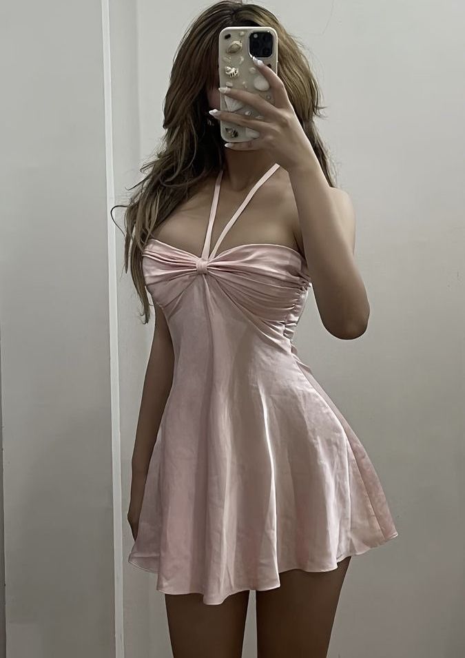 Sweety Light Pink A Line Halter Satin Short Homecoming Dress DP5759