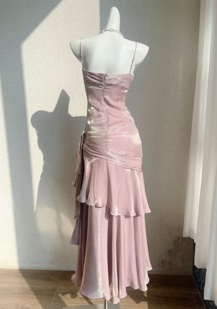 Romantic Pink Mermaid Spaghetti Strap Satin Long Prom Dress Evening Dress DP2032