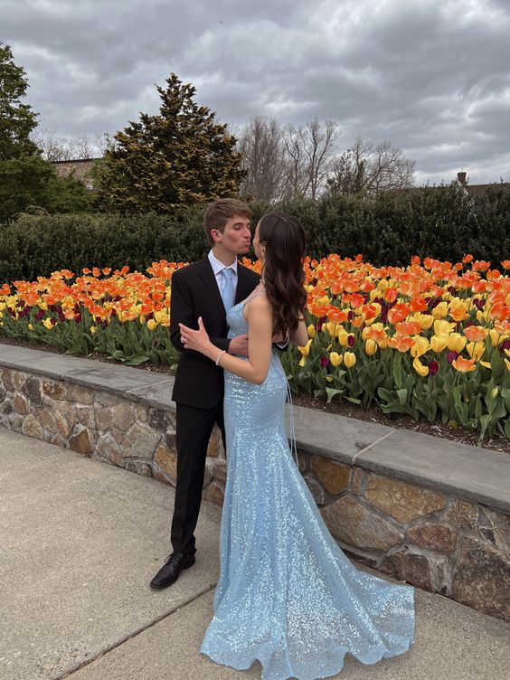 Stunning Blue Mermaid Spaghetti Straps Sequin Prom Dress Formal Dress Party Dress DP3507
