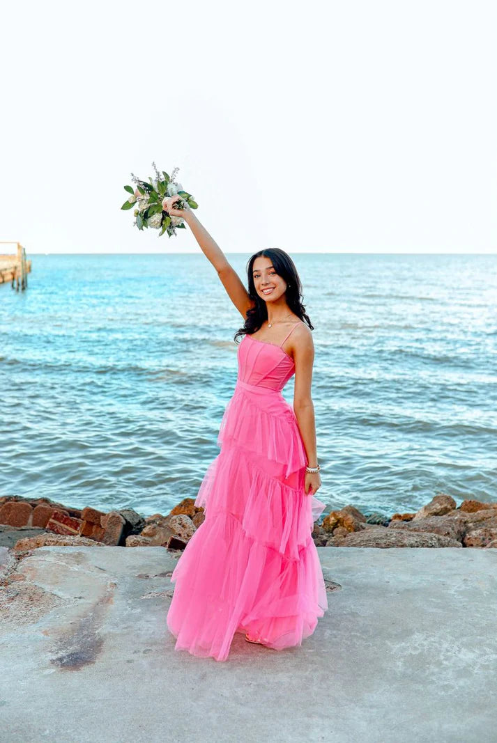 Hot Pink A Line Spaghetti Strap Tiered Tulle Prom Dress Evening Dress DP1668