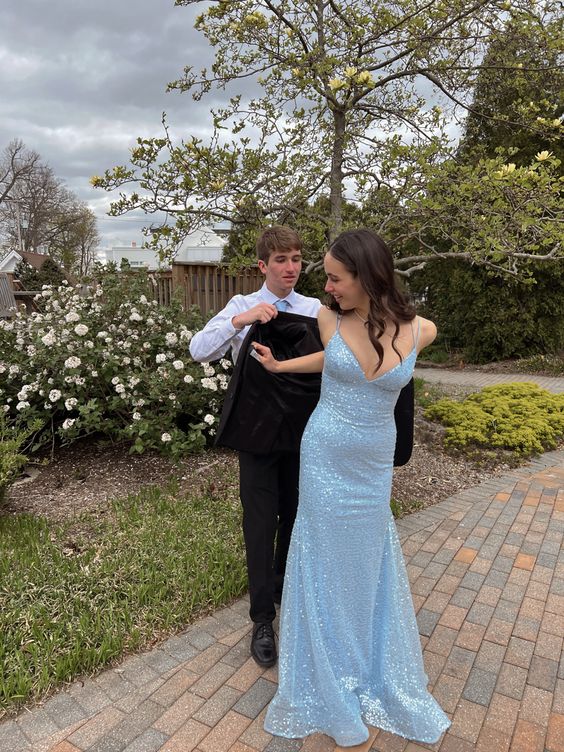 Stunning Blue Mermaid Spaghetti Straps Sequin Prom Dress Formal Dress Party Dress DP3507