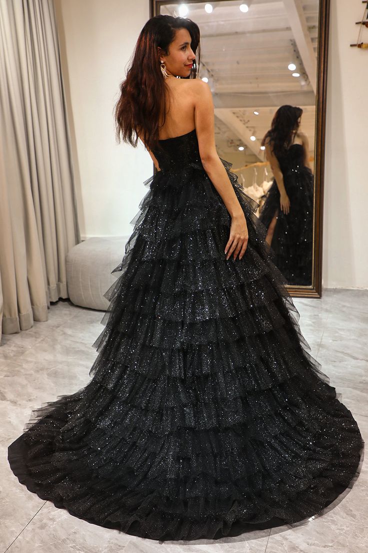 Black A Line Sweetheart Layered Tulle Prom Dress With Slit DP789