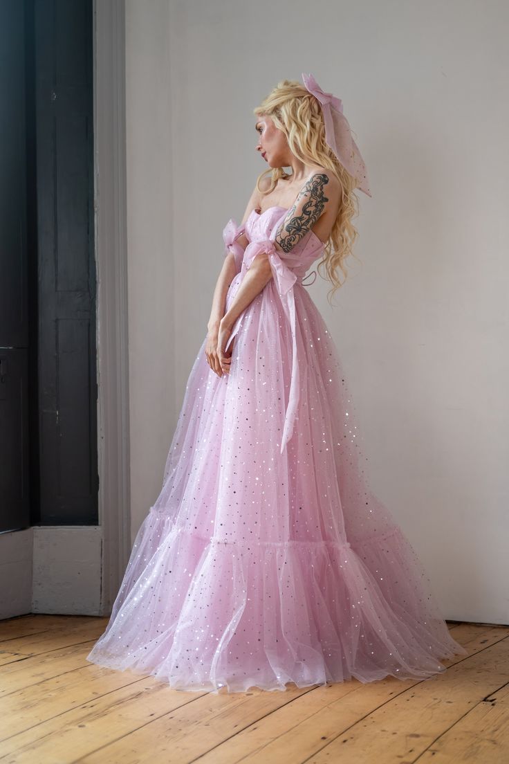 Star Sequin Pink A Line Straps Layered Tulle Date Dress Prom Dress Evening Dress DP3372