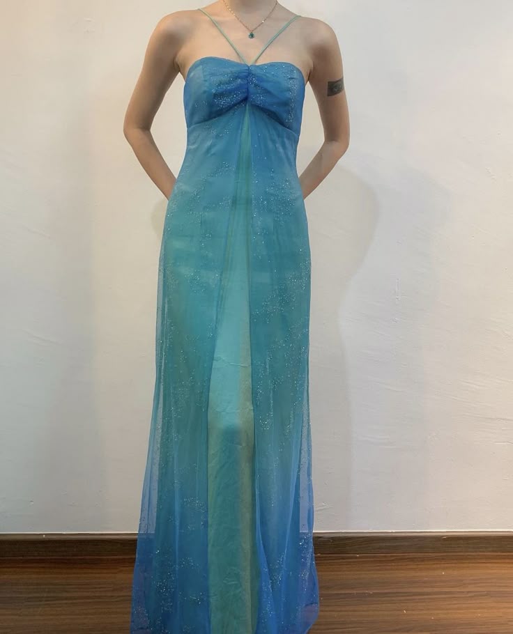 Vintage A Line Halter Blue Chiffon Satin Long Prom Dress Graduation Prom Dress DP2226