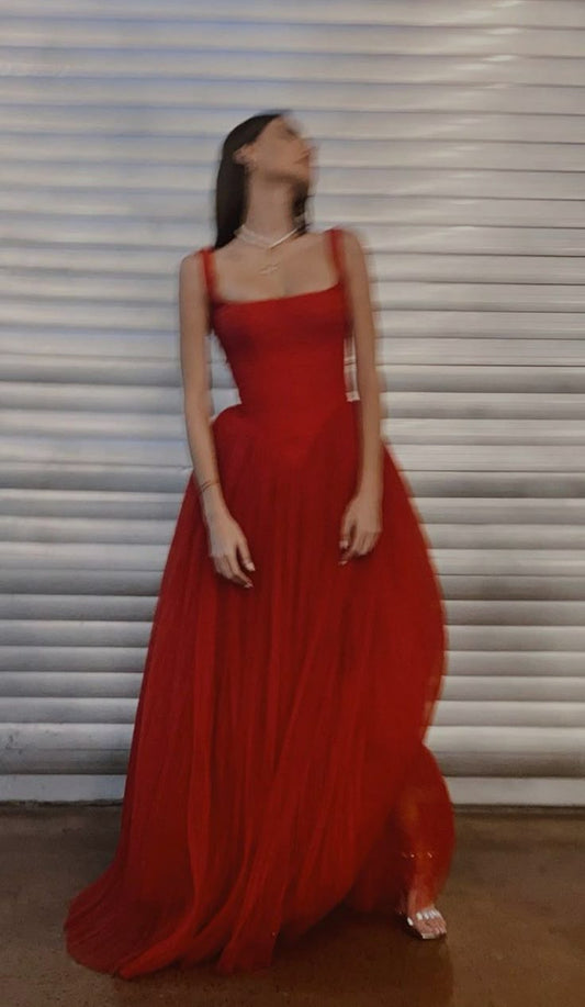 Stunning A Line Strap Red Tulle Long Party Dress Evening Dress DP2428