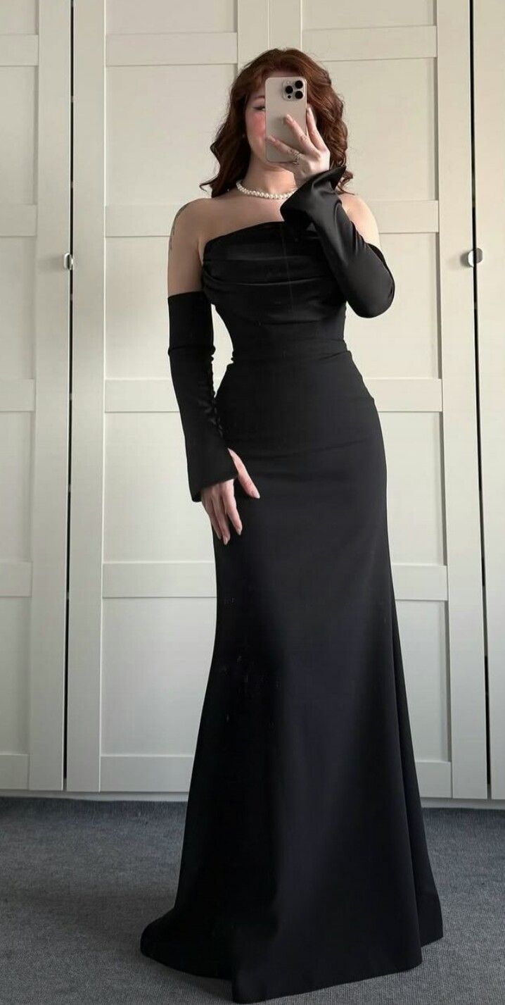 Cute Black Mermaid Long Sleeve Satin Prom Dress Evening Dress DP6724
