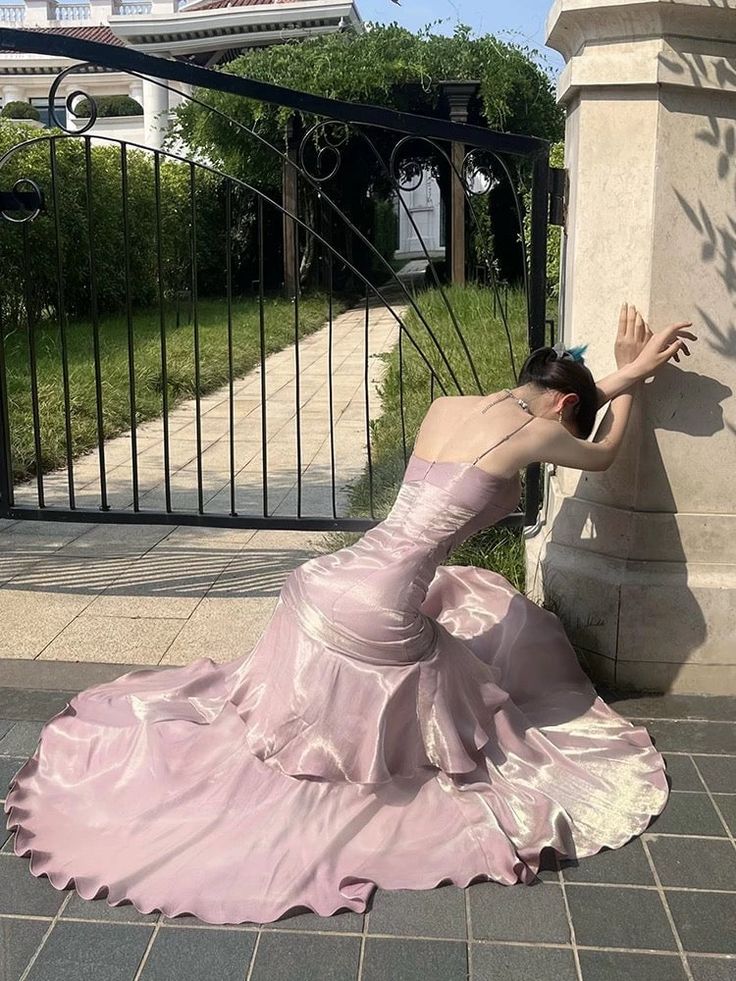 Romantic Pink Mermaid Spaghetti Strap Satin Long Prom Dress Evening Dress DP2032