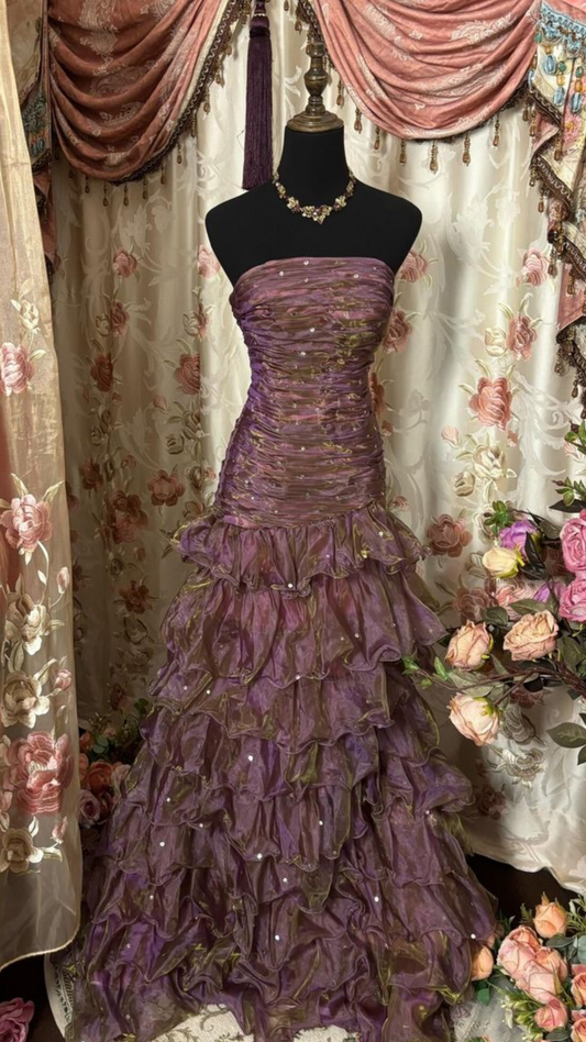 Vintage A Line Strapless Beaded Purple Layered Organza Prom Dress 16th Birthday Dress DP4054