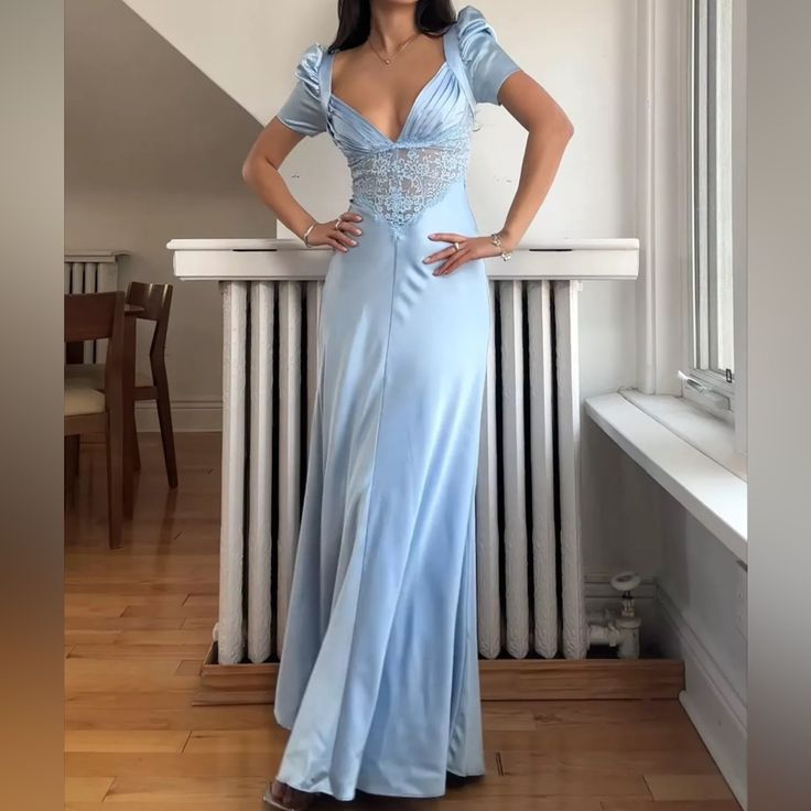 Elegant Sheath Puff Blue Lace Satin Long Prom Dress Evening Dress DP1889