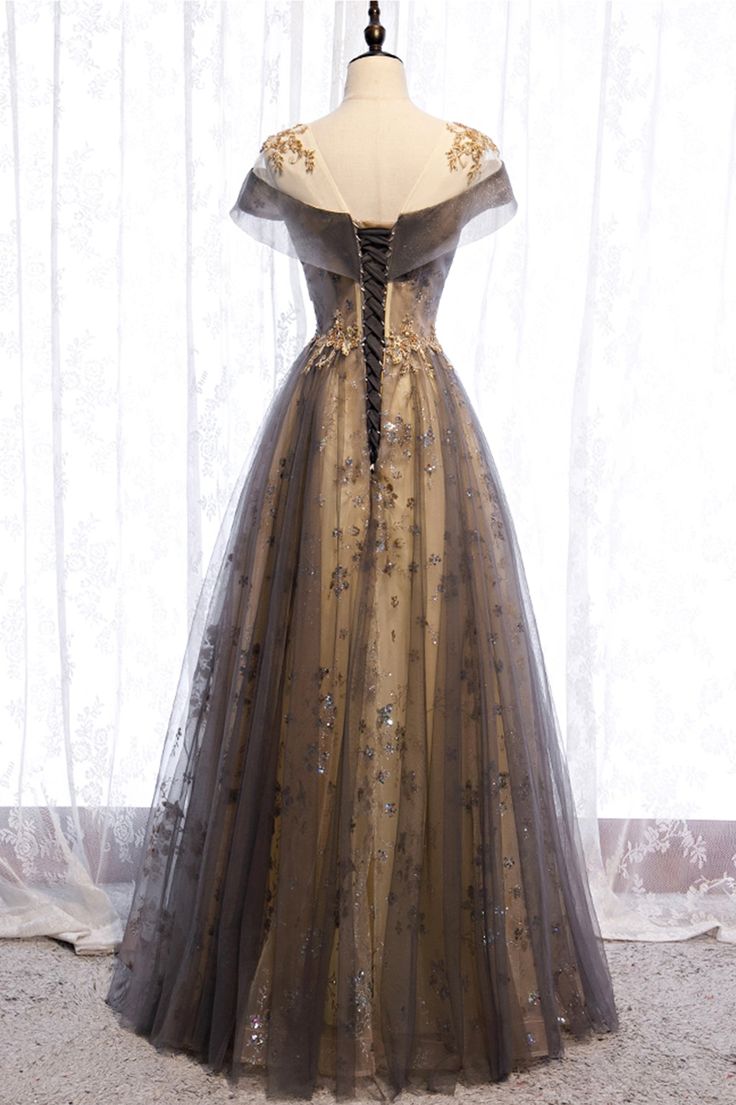 A Line Scoop Sequins Appliques Gray Tulle Long Prom Dress Evening Party Dress DP1369