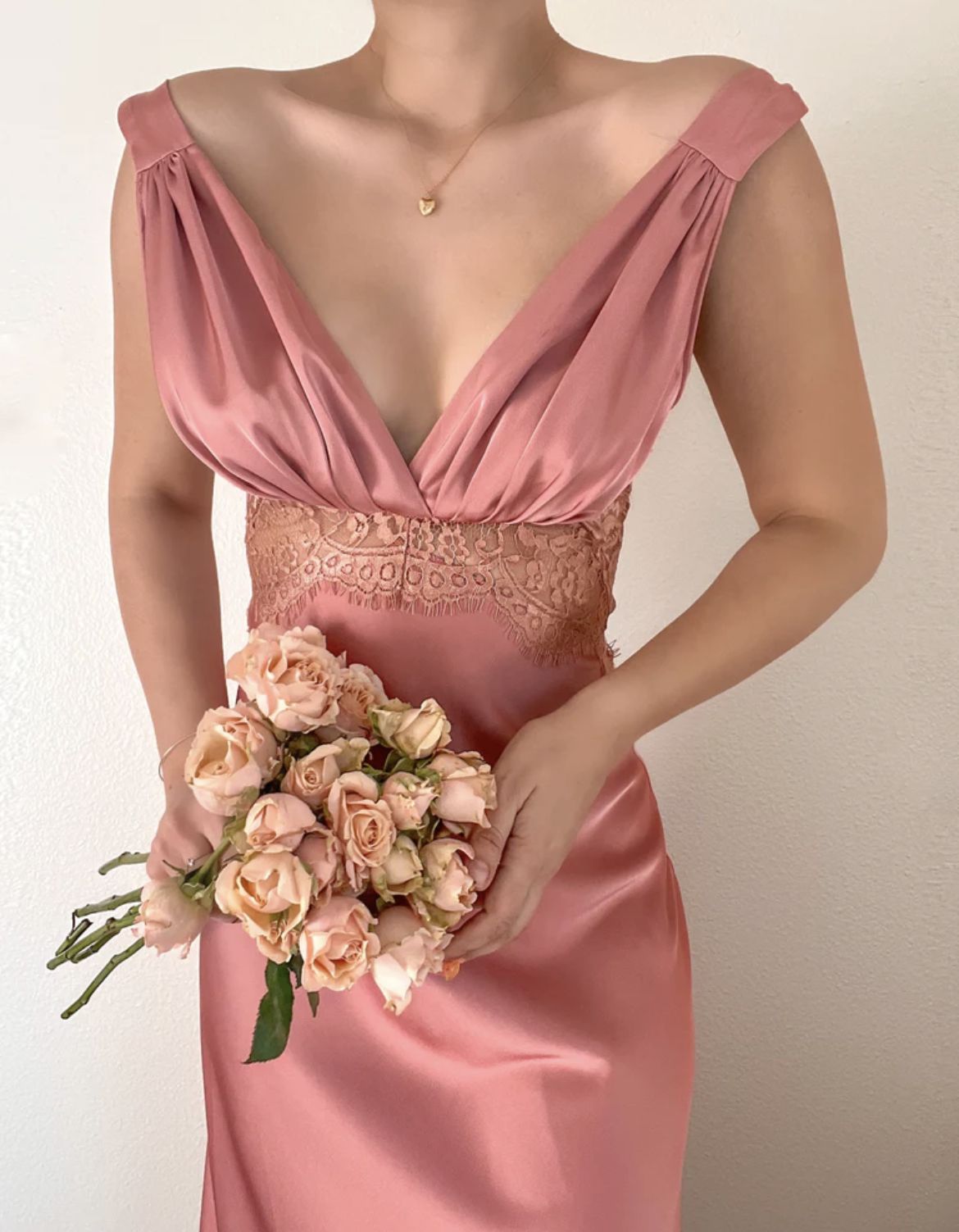 Elegant Pink A Line V Neck Lace Satin Long Prom Dress Evening Dress DP7482