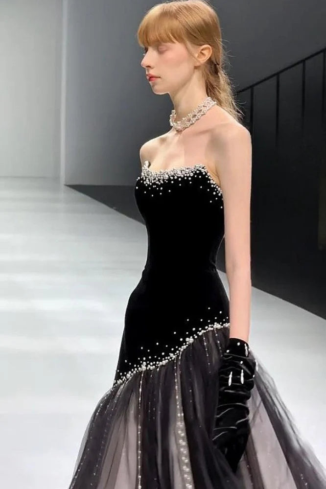 Stunning Mermaid Strapless Pearls Black Velvet Tulle Long Prom Dress Evening Dress DP6089