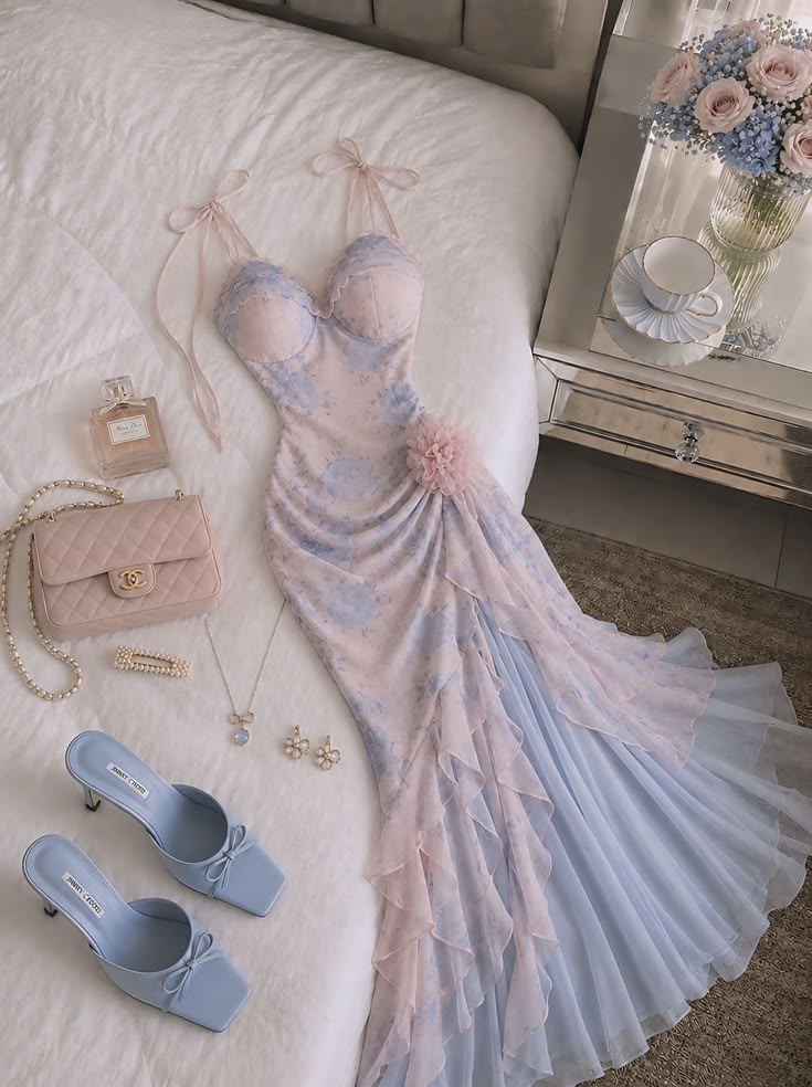 Baby Blue Mermaid Spaghetti Straps Print Floral Chiffon Prom Dress Evening Dress DP5713