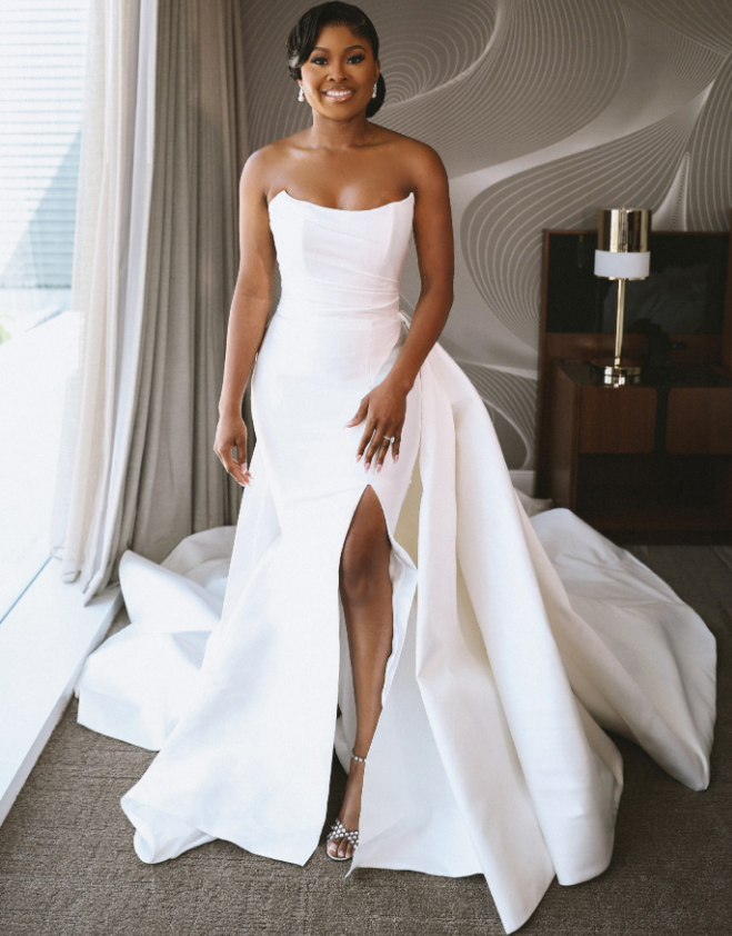 Simple Ball Gown Strapless Satin Long Sweep Wedding Dress with Slit DP1875