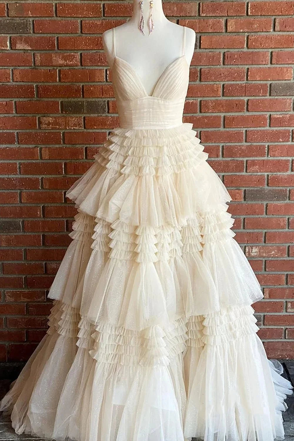 Apricot Ball Gown Spaghetti Strap Layered Tulle Long Prom Dress DP7748