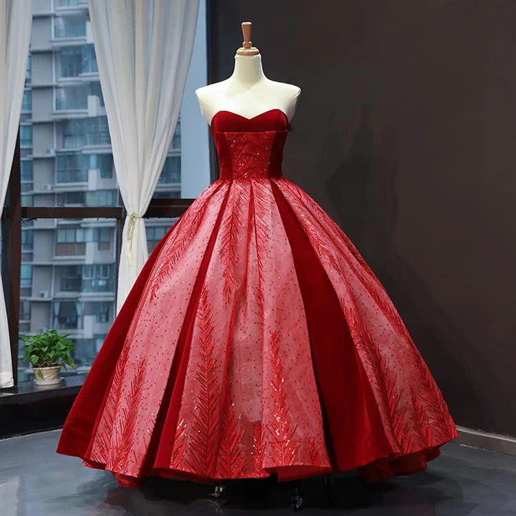 Red A line Strapless Appliques Sequin Tulle Prom Dresses DP876