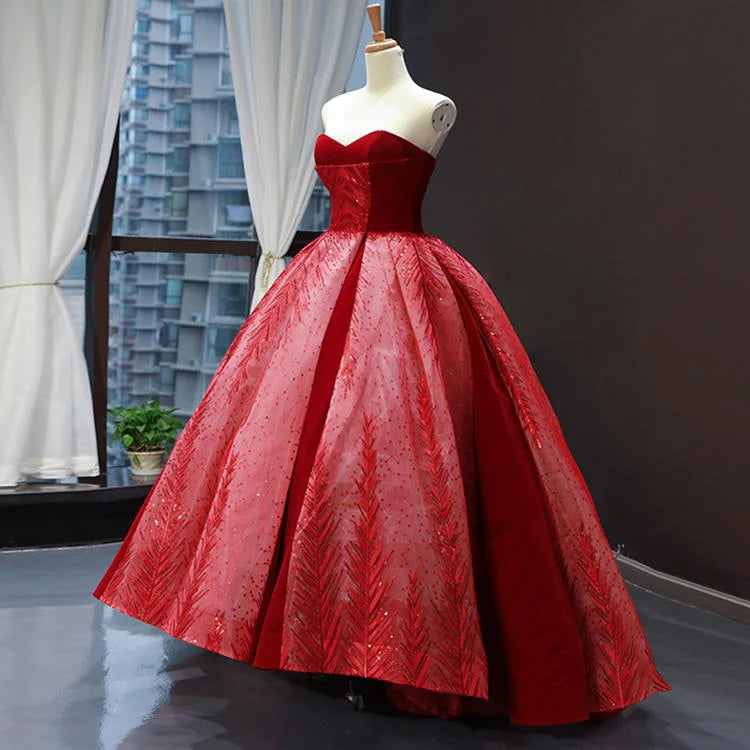 Red A line Strapless Appliques Sequin Tulle Prom Dresses DP876