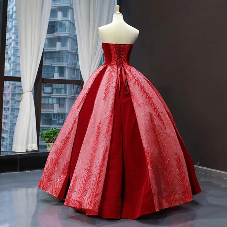 Red A line Strapless Appliques Sequin Tulle Prom Dresses DP876