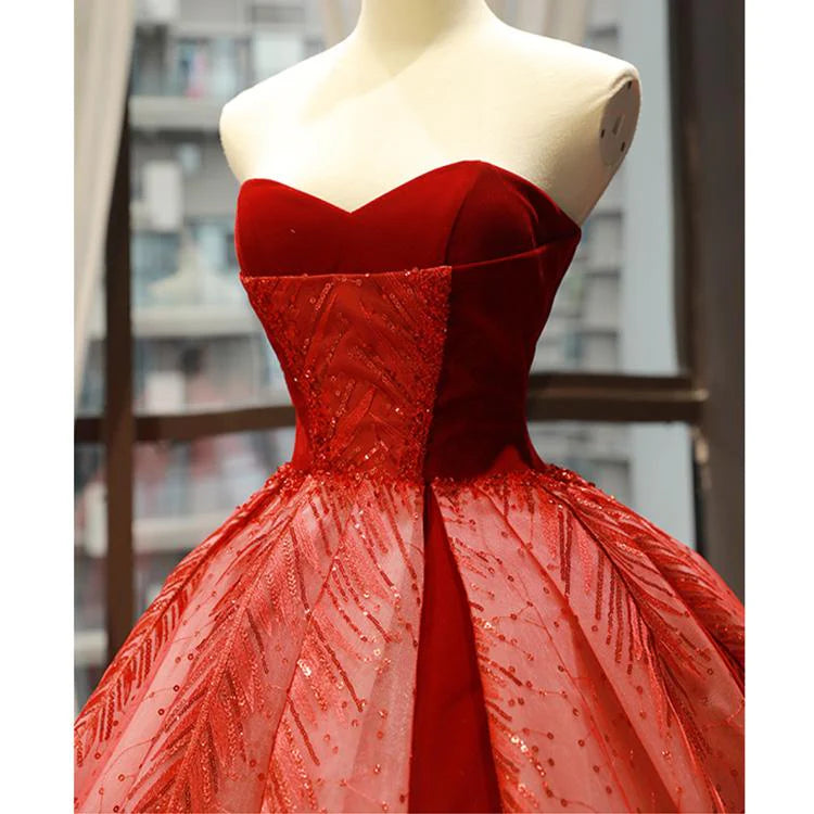 Red A line Strapless Appliques Sequin Tulle Prom Dresses DP876