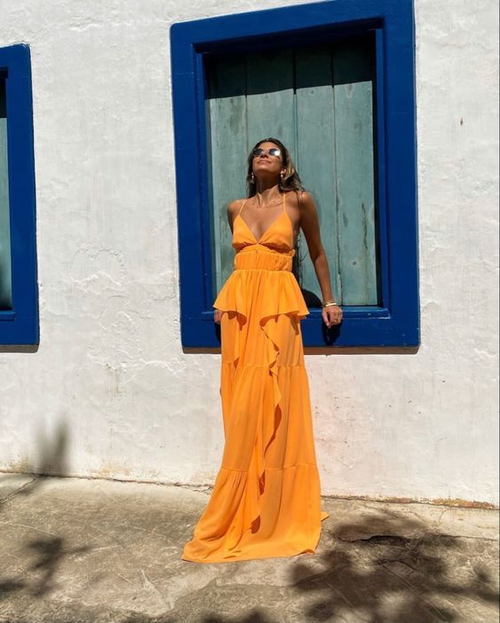 A Line Spaghetti Straps Orange Chiffon Prom Dress DP762