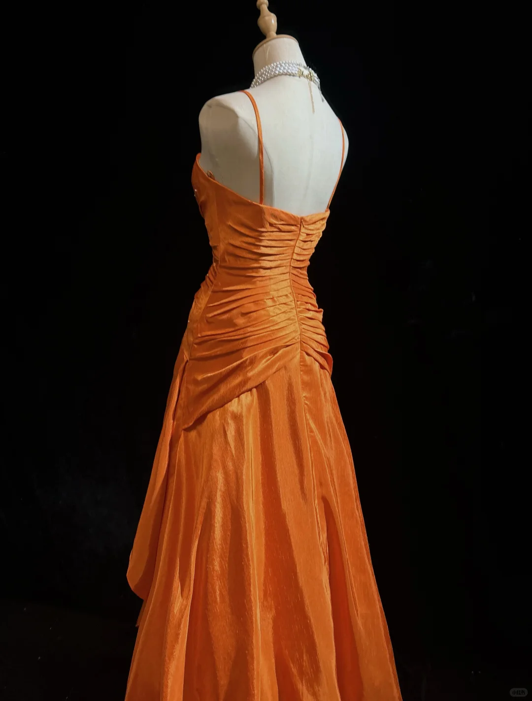 Vintage A Line Spaghetti Strap Beaded Pleated Bright Orange Satin Prom Dress Party Dress DP2765