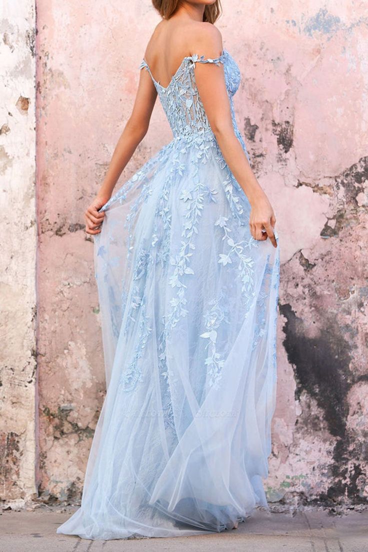 Baby Blue A Line Spaghetti Straps Appliques Tulle Long Prom Dress Evening Dress with Slit DP2788
