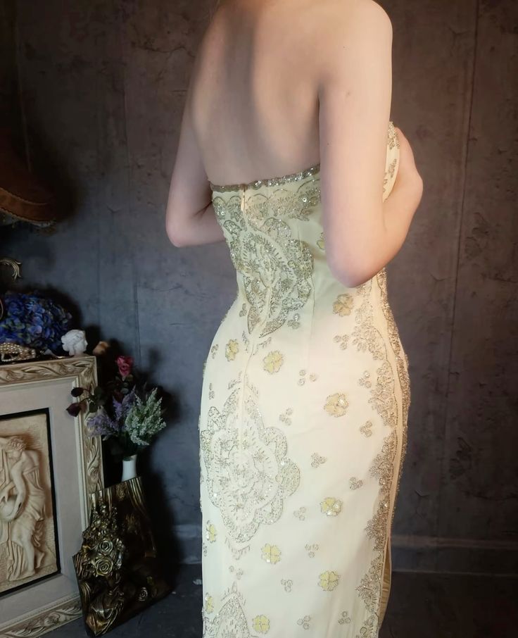 Elegant Sheath Strapless Beaded Light Yellow Satin Party Dress Evening Dress with Slit DP2369